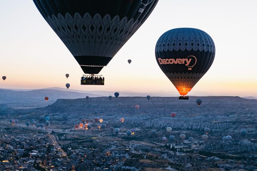Balloons over the fairy chimneys at Göreme, Cappadocia, at first light